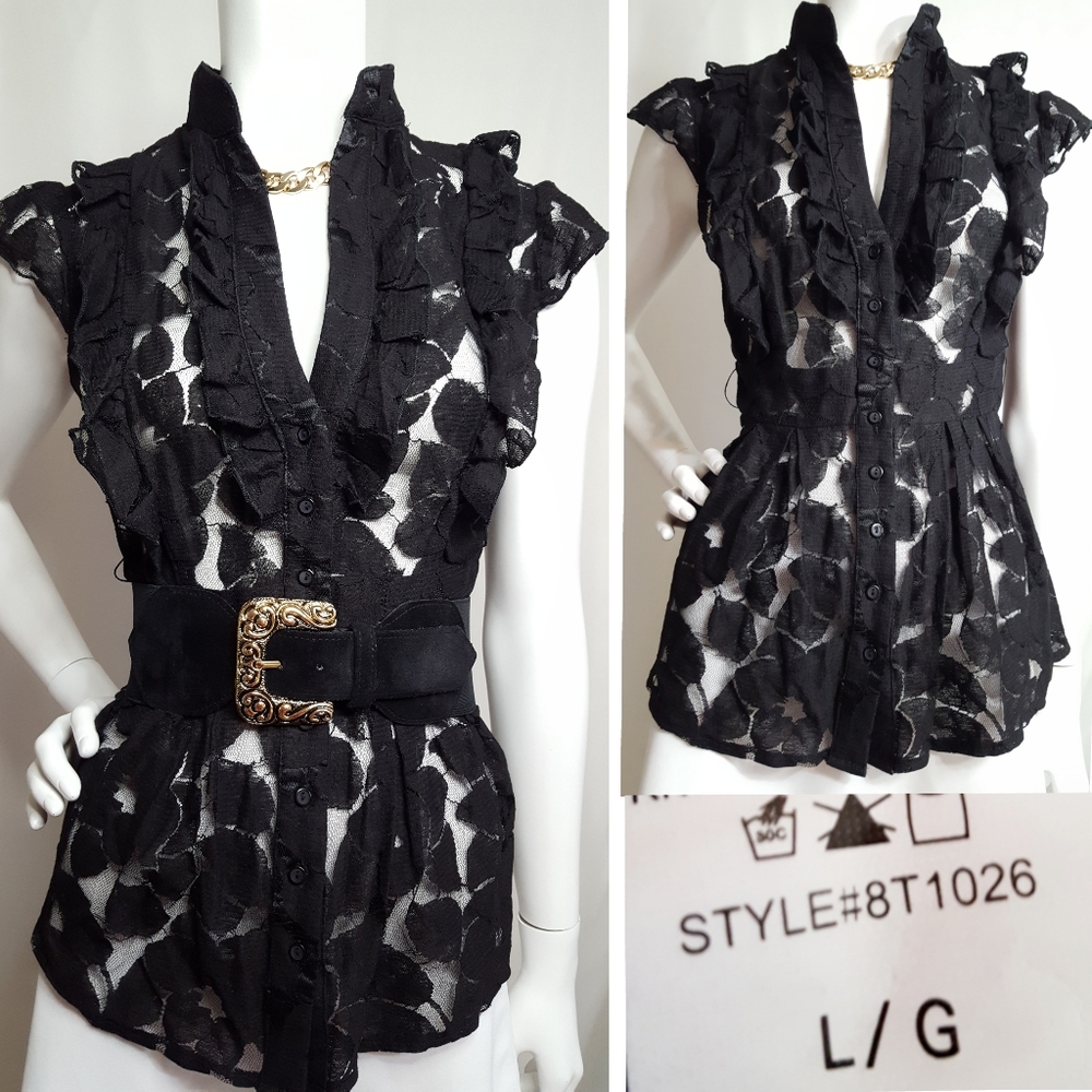 90's-Y2K💋Seductions🖤Black Floral Sheer Ruffle Frill Peplum Top - Picture 3 of 9
